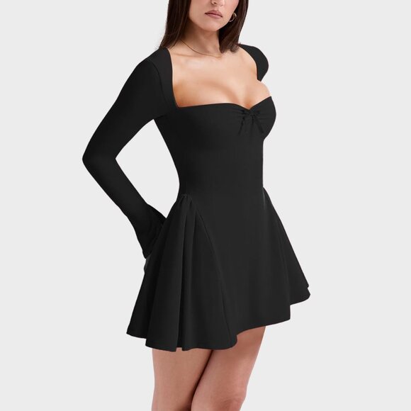 Women's Fit Flare Mini Dress Long Sleeve Heart Neck Casual Party - Picture 3 of 4